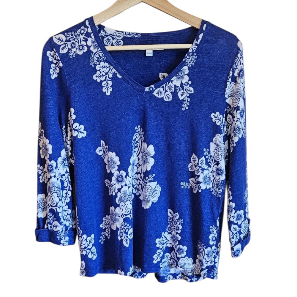 Chico's Large Royal Blue White Floral 100% Linen Knit V-Neck Top